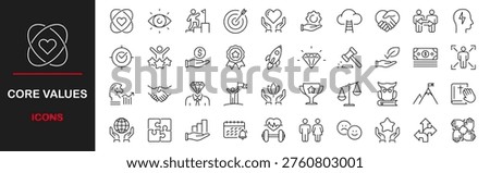 Core values web icons set. Core value - simple thin line icons collection. Containing goals, responsibility, performance, accountability, will to win, quality, teamwork and more. Simple web icons set