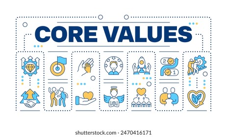 Core values word concept isolated on white. Company principles. Social responsibility. Business ethics. Creative illustration banner surrounded by editable line colorful icons