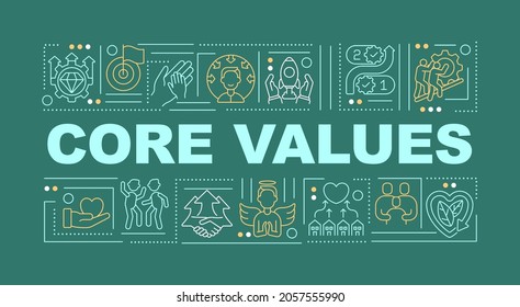 Core values word concepts banner. Behaviors, decisions control. Fundamental beliefs. Infographics with linear icons on green background. Isolated typography. Vector outline RGB color illustration