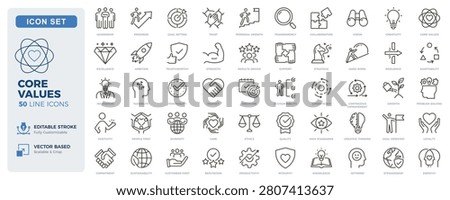 Core values, workplace culture and professional excellence icons. Leadership, ethics and corporate principles thin line icon set. Editable stroke vector illustrations.