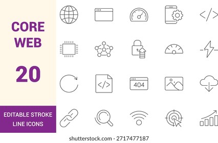 Conjunto de iconos de línea de Web principal con trazo editable, símbolos de contorno limpio para desarrollo, codificación, rendimiento, seguridad, red, UI UX, Sitios web, paneles y aplicaciones de Web.