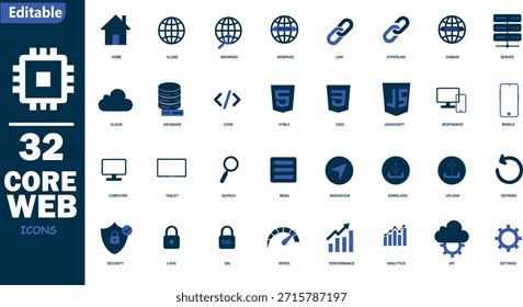Core Web Vitals Icons Set for SEO Otimization, Website Performance, Page Speed, UX Metrics, LCP CLS FID Indicators, Modern Web Development and Analytics UI Design