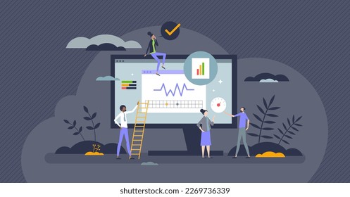 Core web vitals and website performance evaluation tiny person concept. Check business page speed, input delay, responsiveness, SEO or user traffic for complex satisfaction report vector illustration