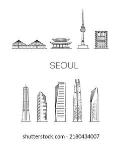 Corea, Seoul line travel skyline set. Vector symbols