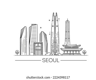 Corea, Seoul line travel skyline set. Vector symbols