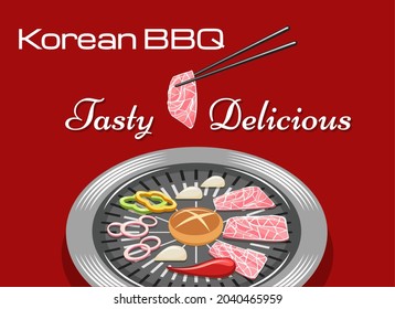 Corean bbq. Asian grill barbeque cuisine with beef or pork meat, grilled food party vector illustration, kitchen restaurant traditional barbecued table with meal