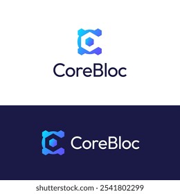 CoreBloc Logo. Letter C with Box in Hexagon and Circle Shape Combination Symbol Element Concept. Simple Modern Technology Logo Design Vector Template