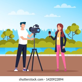 Corespondent journalist woman and camera operator man making reportage. Journalism concept. Vector flat cartoon graphic design isolated illustration