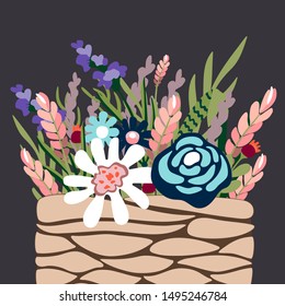 corf with wild flower/ vector template for postcard/poster/interior design/ fashion print etc./ romantic