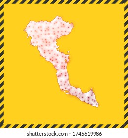 Corfu closed - virus danger sign. Lockdown island icon. Black striped border around map with virus spread concept. Vector illustration.