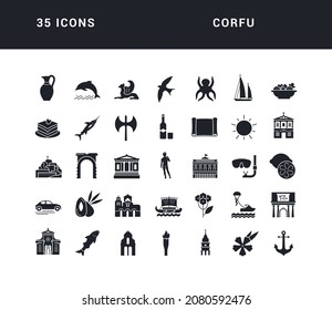 Corfu. Collection of perfectly simple monochrome icons for web design, app, and the most modern projects. Universal pack of classical signs for category Cities and Countries.