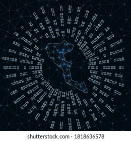 Corfu digital map. Binary rays radiating around glowing island. Internet connections and data exchange design. Vector illustration.