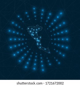 Corfu digital map. Glowing rays radiating from the island. Network connections and telecommunication design. Vector illustration.
