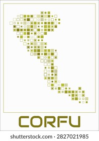 Corfu digital style map. Large square dots on white background. Dotted shape of the island. Corfu map and title. Amazing vector illustration.
