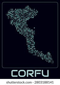 Corfu digital style map. Small circle dots on dark background. Dotted shape of the island. Corfu map and title. Vibrant vector illustration.