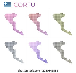 Corfu dotted map set. Map of Corfu in dotted style. Borders of the island filled with beautiful smooth gradient circles. Powerful vector illustration.