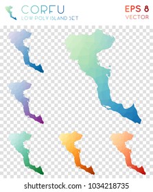 Corfu geometric polygonal, mosaic style island maps collection. Mesmeric low poly style, modern design for infographics or presentations.