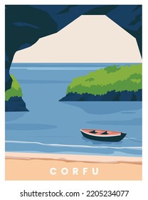 corfu greece landscape background. cartoon vector illustration with colored style.