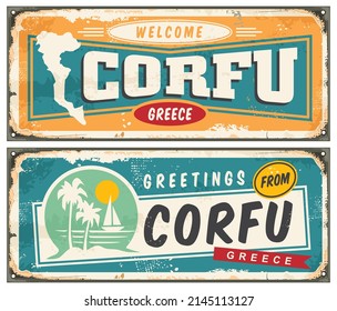 Corfu Greece retro greeting card template. Vintage sign souvenir idea for summer vacation destinations in Greece. Travel to Corfu vector illustration.