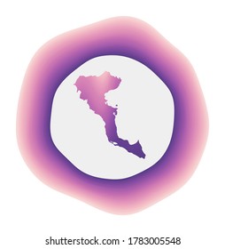 Corfu icon. Colorful gradient logo of the island. Purple and red Corfu rounded sign with map for your design. Vector illustration.