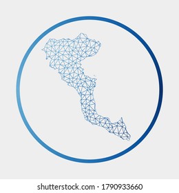 Icono de Corfú. Mapa de red de la isla. Signo de redondeo de Corfú con anillo degradado. Tecnología, internet, red, concepto de telecomunicaciones. Ilustración vectorial.