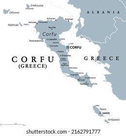 Corfú, isla de Grecia, mapa político gris. También Kerkyra es una isla griega en el mar Jónico y parte de las islas Jónicas. Con Othonoi, Ereikoussa y Mathraki forma la Unidad Regional de Corfú.