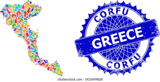 Corfu Island map flat illustration. Spot collage map and corroded seal for Corfu Island. Sharp rosette blue stamp seal with caption for Corfu Island map.