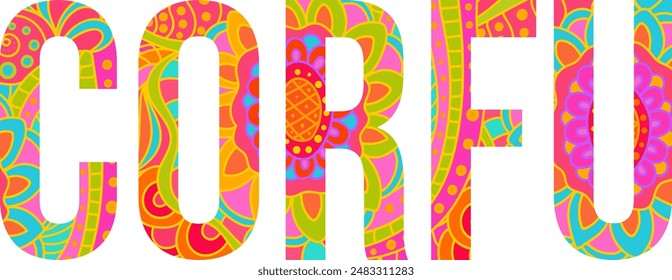 Corfu island text title with floral doodle pattern. Unique place name vector design, use for article header, merch print, travel blog, postcard, wall art print  	