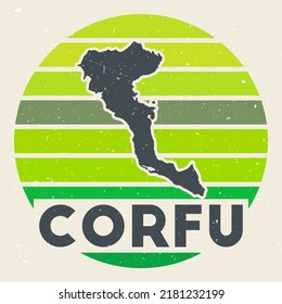 Corfu logo. Sign with the map of the island and colored stripes, vector illustration. Can be used as insignia, logotype, label, sticker or badge of Corfu.