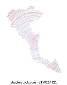 Mapa de Corfú lleno de círculos concéntricos. Esbozar círculos de estilo en forma de la isla. Ilustración vectorial.