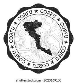 Corfu outdoor stamp. Round sticker with map of island with topographic isolines. Vector illustration. Can be used as insignia, logotype, label, sticker or badge of the Corfu.