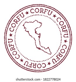 Corfu round rubber stamp with island map. Vintage red passport stamp with circular text and stars, vector illustration.