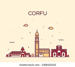 Corfu skyline, Greece. Trendy vector illustration, linear style