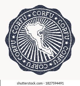 Corfu stamp. Travel rubber stamp with the name and map of island, vector illustration. Can be used as insignia, logotype, label, sticker or badge of the Corfu.