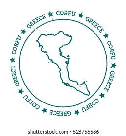 Corfu vector map. Retro vintage insignia with island map. Distressed travel stamp with Corfu text wrapped around a circle and stars. Corfu map vector illustration.