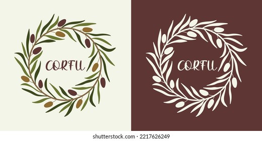 Corfu vector olive wreath. Colorful isolated olive branches with kalamata, circle olive pattern for laser cutting and printing. Hand-drawing, popular wreath from Greece, Corfu.