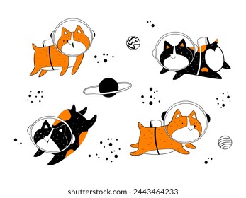 Corgi - astronauts fly in space and have fun. Vector graphic illustration about space.