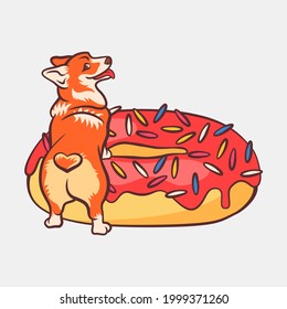 Corgi with big donut isolated on white background. Vector illustration in flat cartoon style.