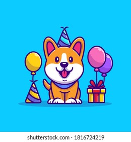 Corgi Birthday Cartoon Vector Icon Illustration. Animal Party Icon Concept Isolated Premium Vector. Flat Cartoon Style