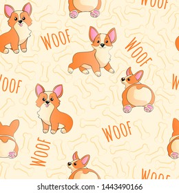 Corgi with bones and text funny hand draw cartoons seamless pattern. Dogs kids doodle repeater backgrounds for textile, postcard, wallpaper, gift wrapp or another your design