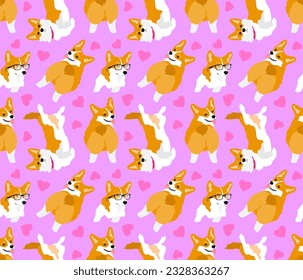 Corgi breed dog on a bright light pink background with hearts. Animal seamless pattern, vector illustration