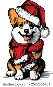 Corgi breed in red hat of Santa Claus, Funny Christmas Dog, Dog Christmas Winter Holiday , Cute Christmas Dog