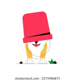 Corgi With A Bucket On Its Head In Flat Vector Illustration Symbolizing Humor, Playfulness, And Animal Behavior, Isolated On White Background