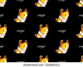 Corgi cartoon character seamless pattern on black background. Pixel style