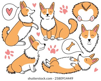 Corgi cartoon comic characters set. Hand drawn cute corgi dogs vector set