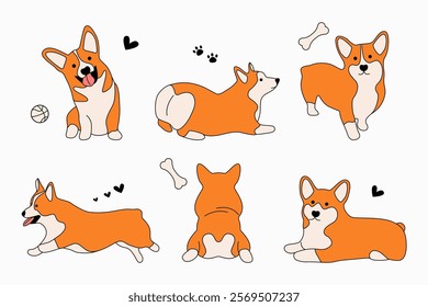 Corgi characters set. Cute cartoon puppies with different emotions, funny comic dog mascots for stickers and prints. Vector isolated collection.