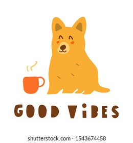Corgi with coffee cup. Hand drawn funny vector illustration for greeting card, t shirt, sticker, poster design on white background.