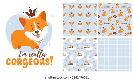 Colección Corgi - patrones sin fisuras e ilustración aislada. Vector ambientado con adorables cachorros de corgi. Carácter de perro divertido y adorable para tarjetas, estampados de camisetas, textiles para niños o diseño de afiches.