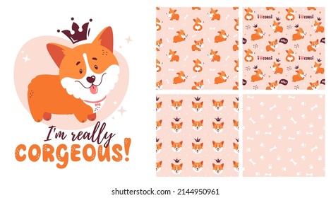 Corgi collection - seamless patterns and isolated illustration. Vector set with cute welsh corgi puppies. Funny and adorable dog character for cards, t-shirt prints, kids textiles or poster design.