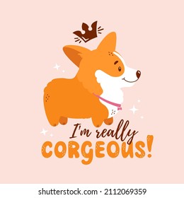 Corgi with crown and quote - I am really corgeous. Welsh corgi print for card, poster or t-shirt design. Vector illustration isolated on pink background. Cute dog and funny hand drawn lettering.